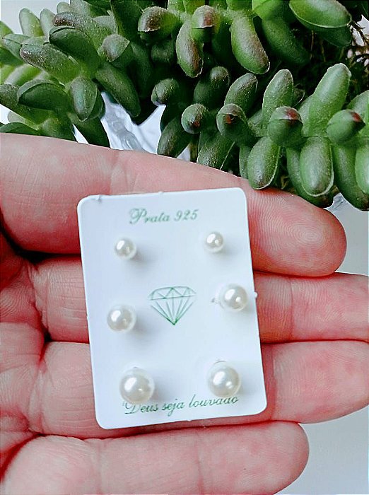 Trio De Brincos De Prata Pérola – Joia em Prata 925 de Qualidade