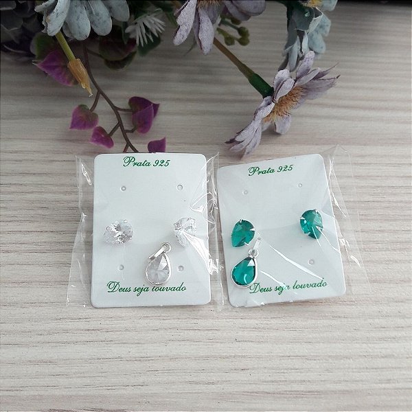 Conjunto De Prata Gota 8X6 Cristal E Turmalina – Joia em Prata 925 de Qualidade