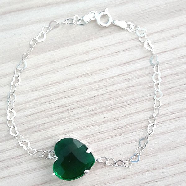 Pulseira De Prata Coração Riscado Verde Esmeralda – Joia em Prata 925 de Qualidade