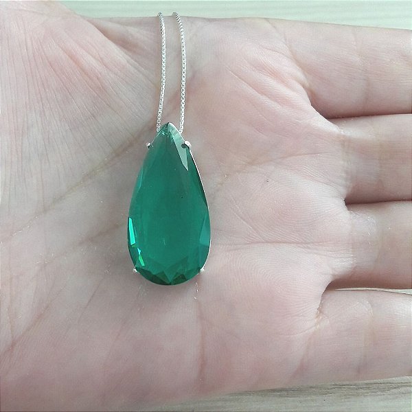 Colar De Prata Gota Grande Verde Turmalina – Joia em Prata 925 de Qualidade