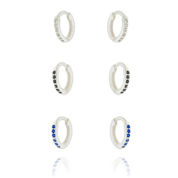 Trio De Argolas 1,0 Cm Com Zircônias Colors  – Joia em Prata 925 de Qualidade