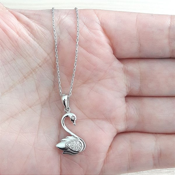 Colar De Prata Cisne Asas Com Micro Zircônias – Joia em Prata 925 de Qualidade