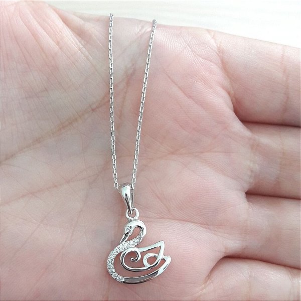 Colar De Prata Cisne Com Micro Zircônias – Joia em Prata 925 de Qualidade