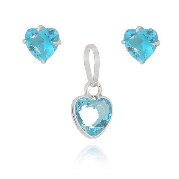 Conjunto De Prata Coração 6Mm Azul Água – Joia em Prata 925 de Qualidade