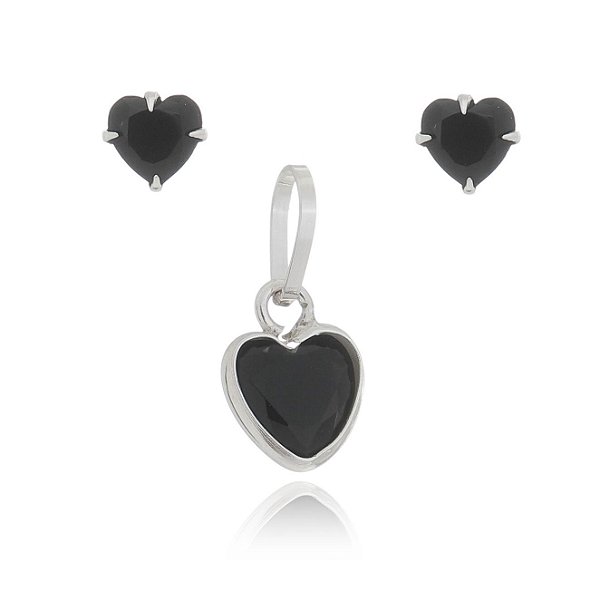 Conjunto De Prata Coração 6Mm Negro – Joia em Prata 925 de Qualidade