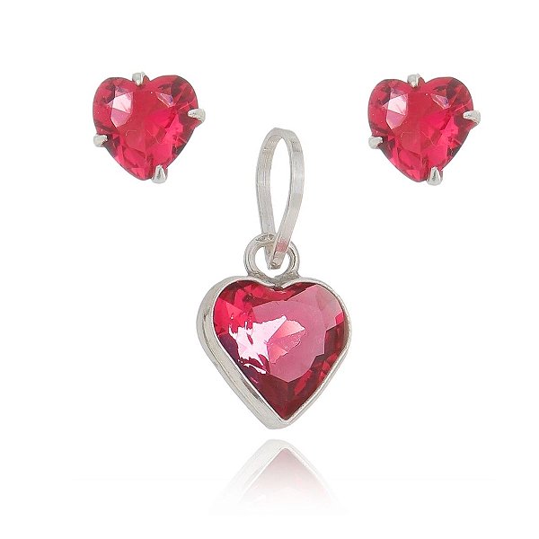 Conjunto De Prata Coração 6Mm Vinho – Joia em Prata 925 de Qualidade