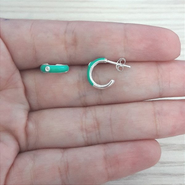 Brinco De Prata Meia Argolinha Resina Verde 1,1Cm – Joia em Prata 925 de Qualidade