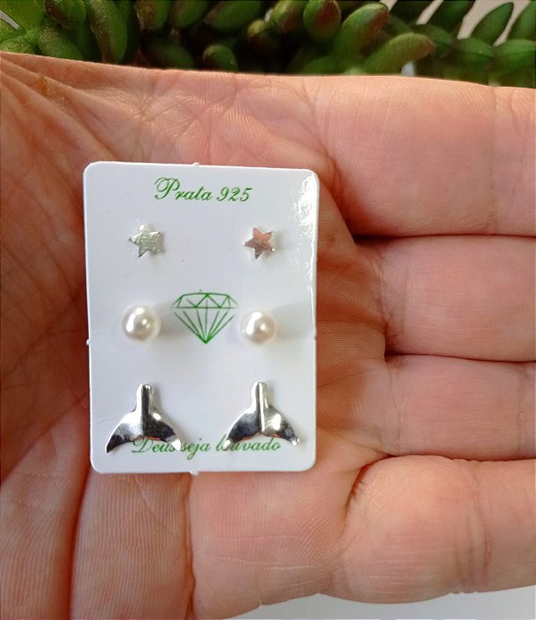 Trio De Brincos De Prata Estrela, Pérola E Rabo De Baleia – Joia em Prata 925 de Qualidade