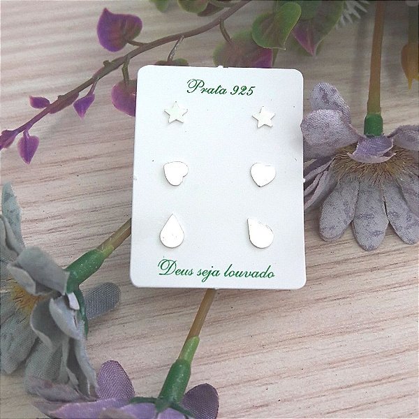 Trio De Brincos De Prata Estrela, Coração E Gota – Joia em Prata 925 de Qualidade