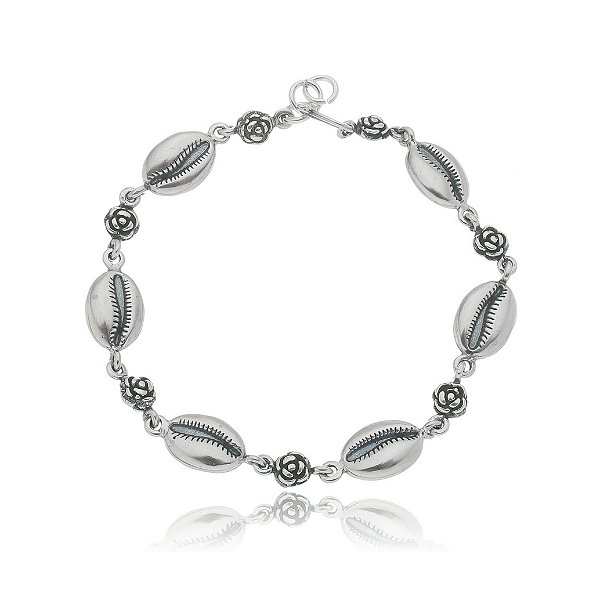 Pulseira De Prata Búzios E Rosinhas – Joia em Prata 925 de Qualidade