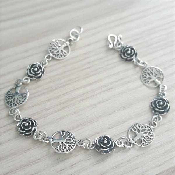 Pulseira De Prata Árvore Da Vida E Rosinha Delicada – Joia em Prata 925 de Qualidade