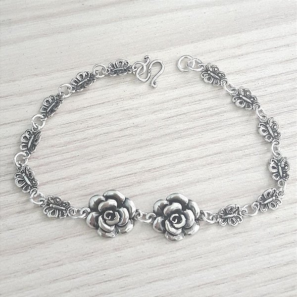 Pulseira De Prata Rosas E Borboletinhas – Joia em Prata 925 de Qualidade