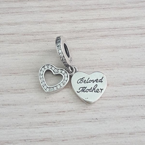 Berloque De Prata Corações "Beloved Mother" Mãe Amada – Joia em Prata 925 de Qualidade