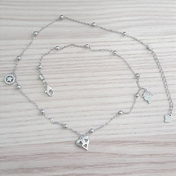 Colar De Prata Bolinhas Coração E Estrela – Joia em Prata 925 de Qualidade