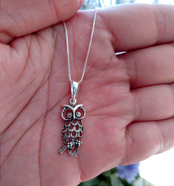 Colar De Prata Coruja No Galho – Joia em Prata 925 de Qualidade