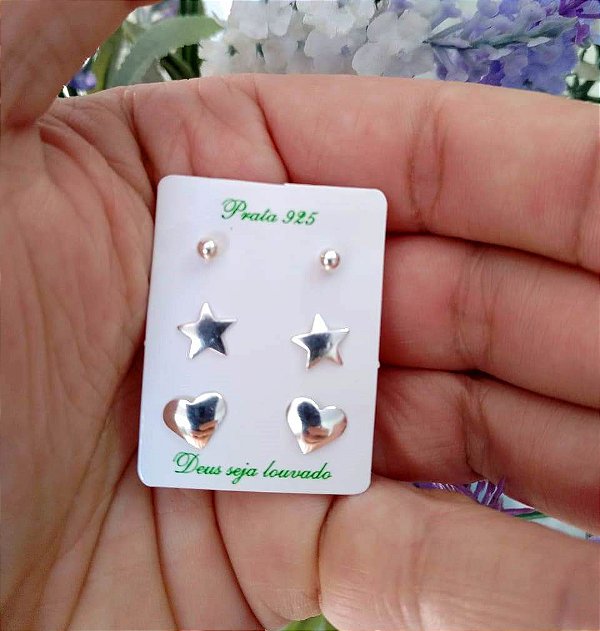 Trio De Brincos Bolinha, Estrela E Coração – Joia em Prata 925 de Qualidade