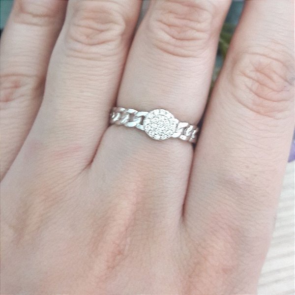 Anel De Prata Corrente E Círculo Com Micro Zircônias – Joia em Prata 925 de Qualidade