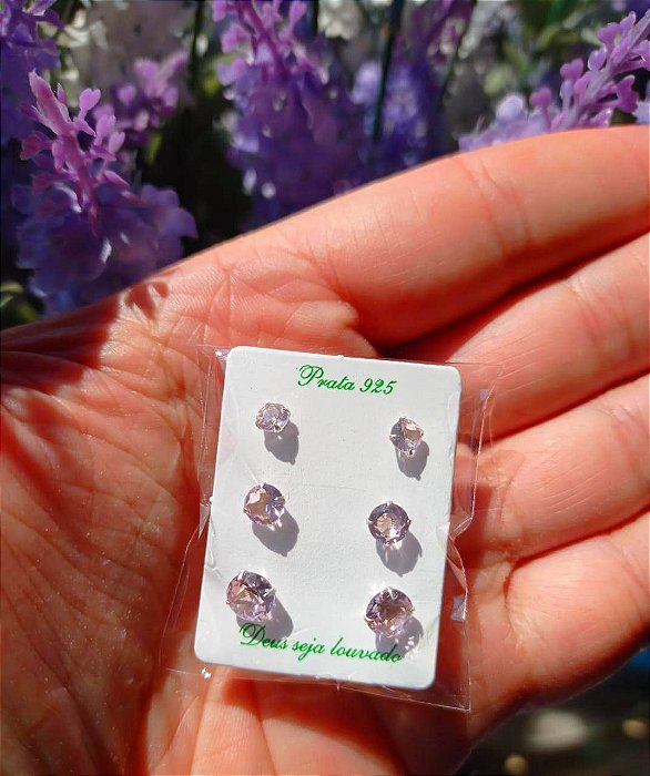 Trio De Brincos De Prata Ponto De Luz Rosa – Joia em Prata 925 de Qualidade