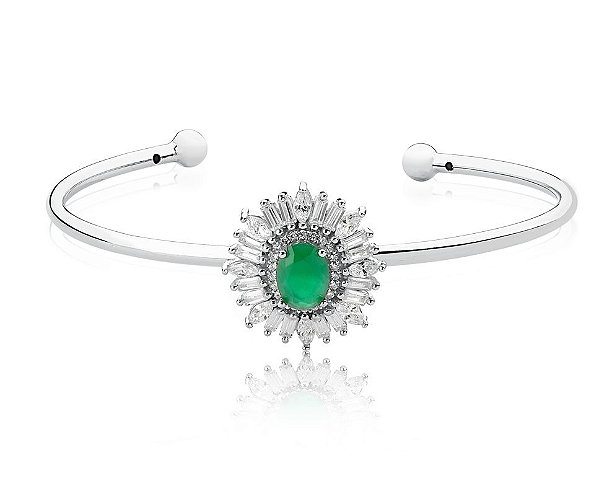 Bracelete De Prata Com Ródio Verde Esmeralda Oval E Zircônias – Joia em Prata 925 de Qualidade