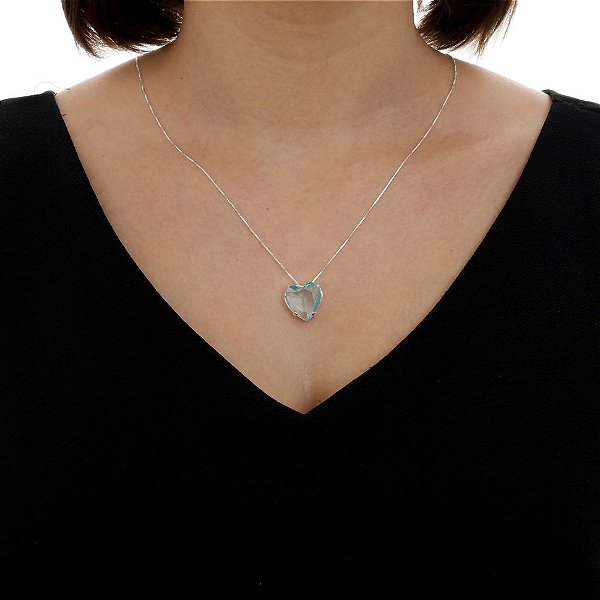 Colar De Prata Coração Água Marinha – Joia em Prata 925 de Qualidade