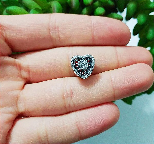 Berloque De Prata Coração Flor  – Joia em Prata 925 de Qualidade