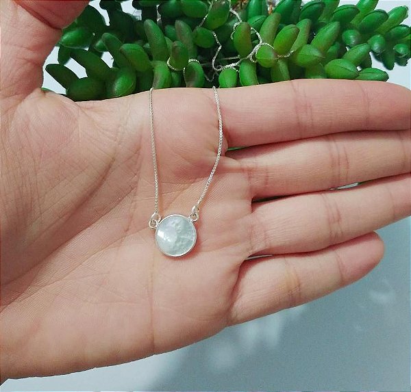 Colar De Prata Pedra Redonda Madrepérola – Joia em Prata 925 de Qualidade
