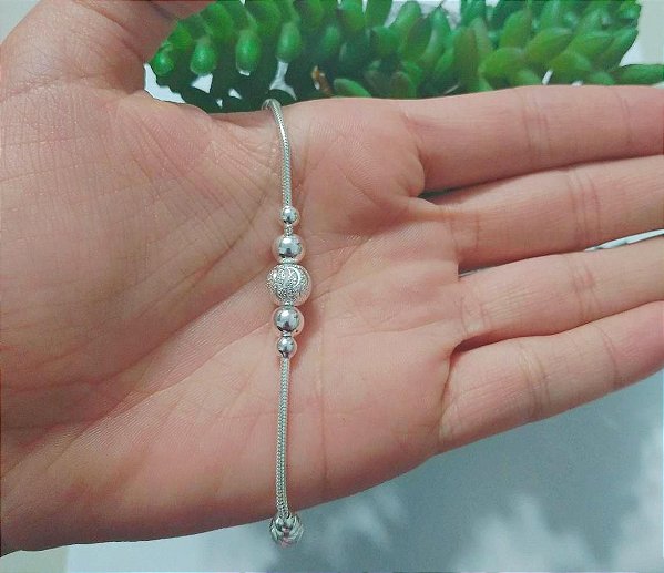 Pulseira De Prata Rabo De Rato Com Bolas Diamantado – Joia em Prata 925 de Qualidade