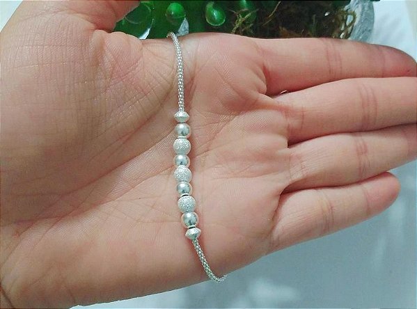 Pulseira De Prata Pipoquinha Bola Jateado 19 Cm – Joia em Prata 925 de Qualidade