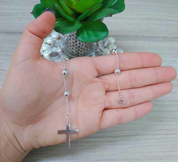 Pulseira De Prata Bola Espaçada Com Pingente Cruz – Joia em Prata 925 de Qualidade