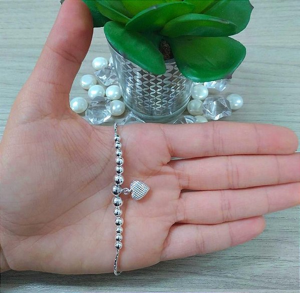 Pulseira De Prata Bola E Coração – Joia em Prata 925 de Qualidade