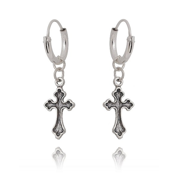 Brinco Argola Com Cruz Envelhecida Em Prata – Joia em Prata 925 de Qualidade