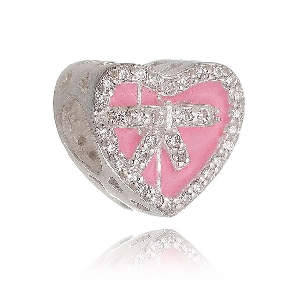 Berloque De Prata Coração Esmaltado Rosa E Zircônias – Joia em Prata 925 de Qualidade