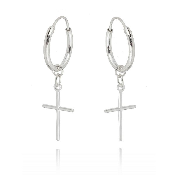 Argola De Prata 1,5 Cm Com Penduricalho Cruz Lisa – Joia em Prata 925 de Qualidade