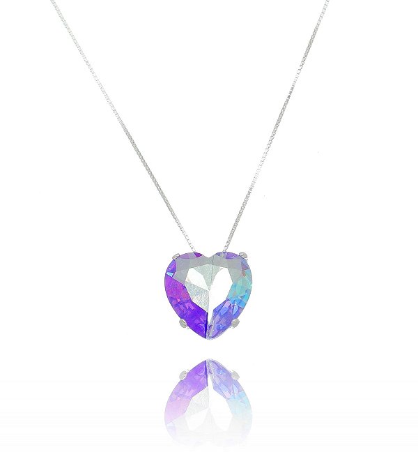Colar De Prata Coração Bicolor Lilás E Cristal – Joia em Prata 925 de Qualidade