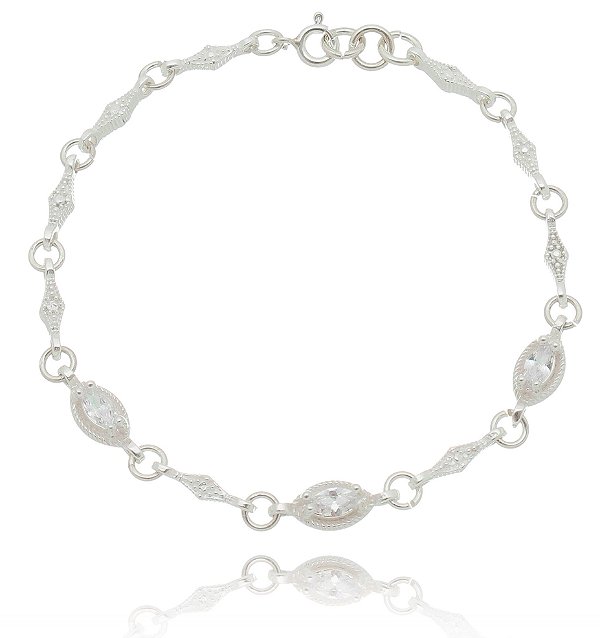 Pulseira De Prata Fina Navete Cristal – Joia em Prata 925 de Qualidade