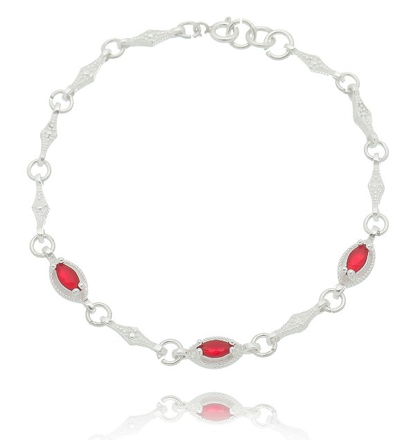 Pulseira De Prata Fina Navete Zircônia Rubi – Joia em Prata 925 de Qualidade