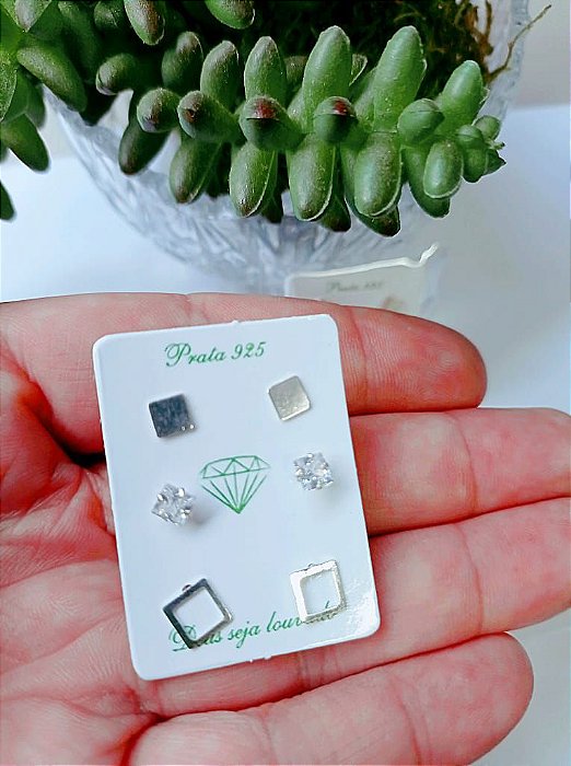 Trio De Brincos De Prata Geométrico Liso E Pedra – Joia em Prata 925 de Qualidade