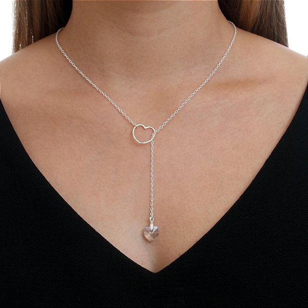 Gravatinha Colar De Prata Coração Cristal – Joia em Prata 925 de Qualidade