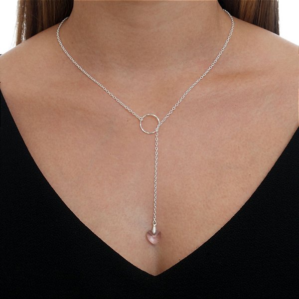 Gravatinha Geométrica Colar De Prata Coração Rosa – Joia em Prata 925 de Qualidade