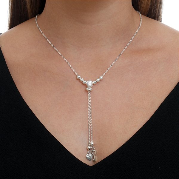 Gravatinha Colar De Prata Coração E Chave – Joia em Prata 925 de Qualidade