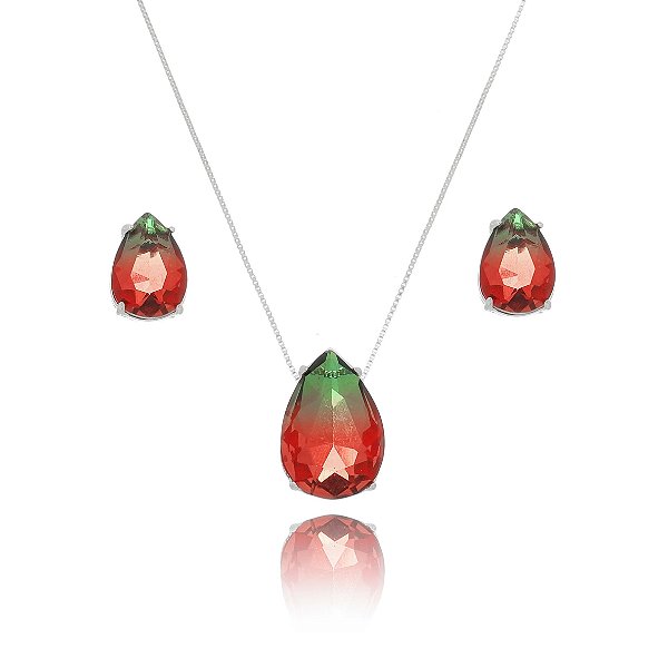 Conjunto De Prata Gota Bicolor Vermelho E Verde – Joia em Prata 925 de Qualidade