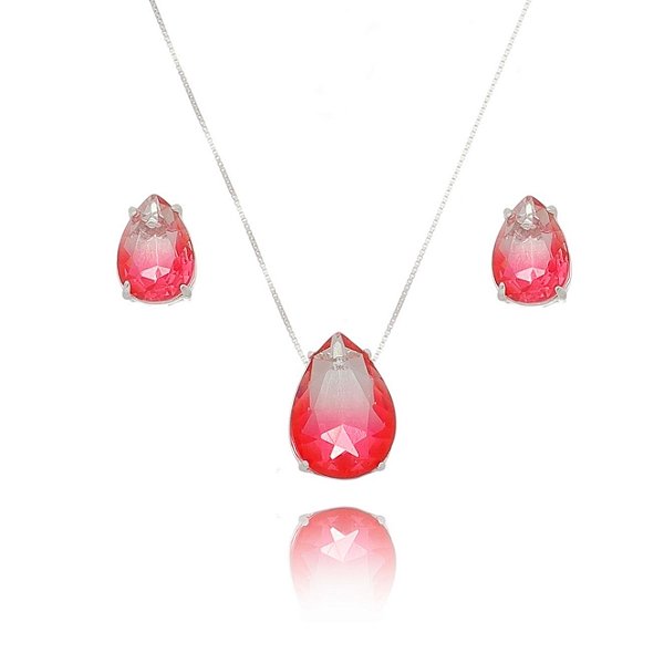 Conjunto De Prata Gota Bicolor Rosa E Cristal – Joia em Prata 925 de Qualidade