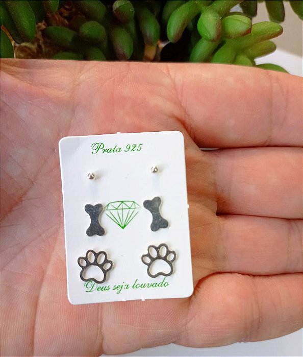 Trio De Brincos De Prata Amo Meu Pet – Joia em Prata 925 de Qualidade