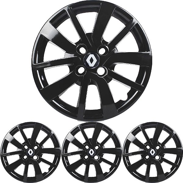 JG 4 Calota Sandero 2014 15 16 17 18 19 20 Aro 14 Black Piano com Emblema