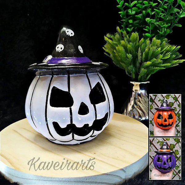 Abóbora Porta Velas com Chapéu de Caveira Halloween