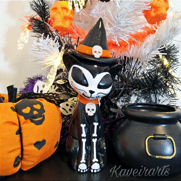 Gato Esqueleto chapéu Bruxa - Halloween