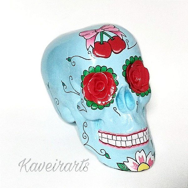 Caveira Mexicana Azul claro com Cereja - Grande