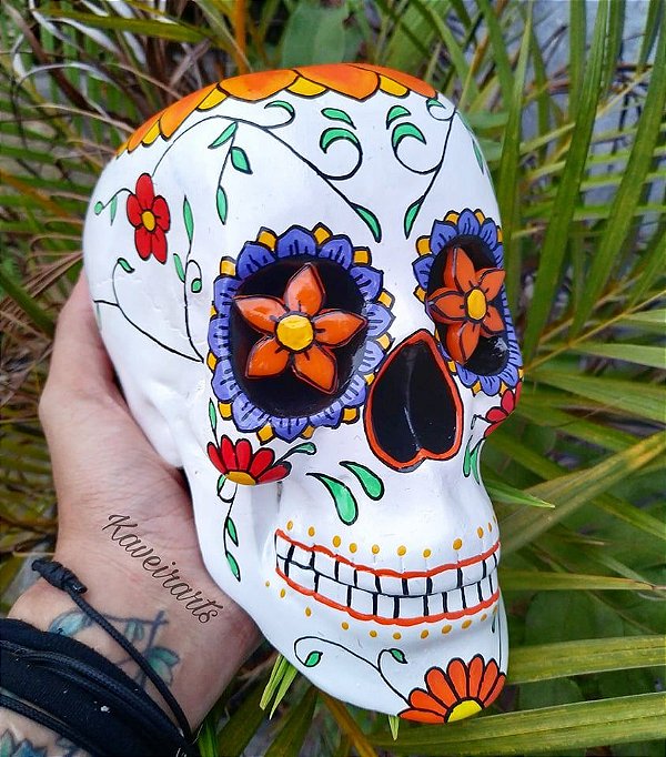 Caveira Mexicana Branca com Flor laranja - Grande
