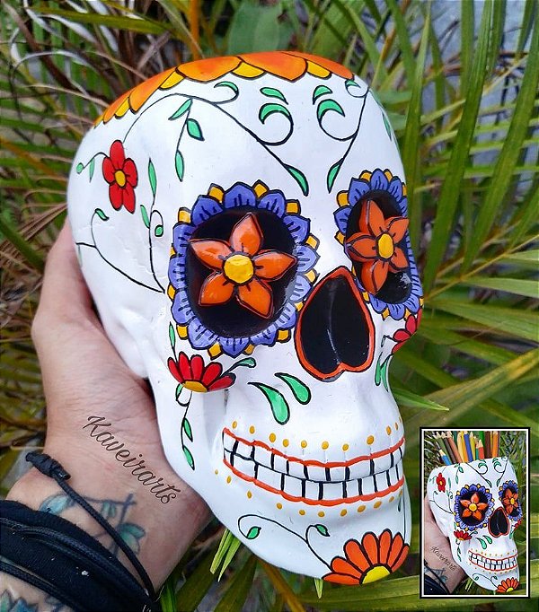 Caveira Mexicana Branca com Flor laranja (Grande)(Fechada ou Porta Treco)