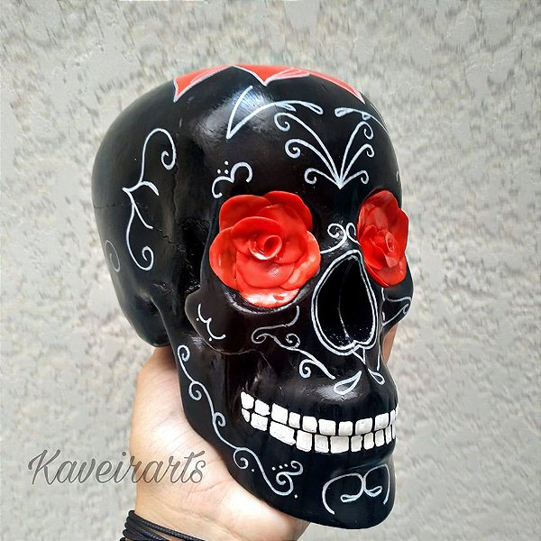 Caveira Mexicana Preta com Rosa Vermelha - Grande